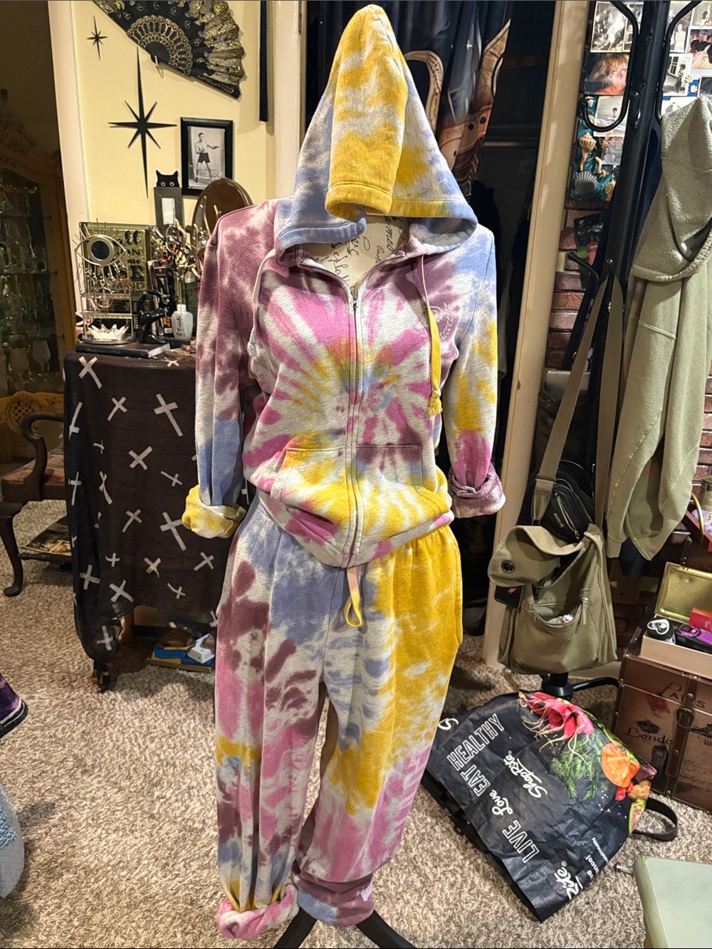 PINK Victoria's Secret Tie-Dye Hooded Jumpsuit in Yellow, Pink & Blue
